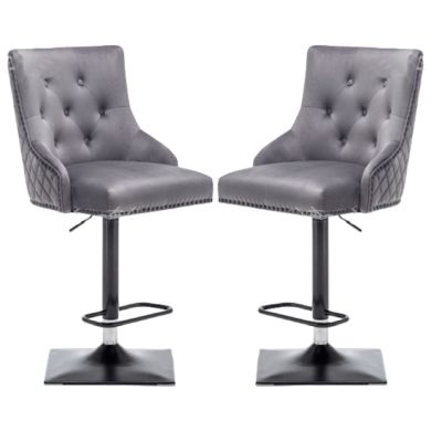 Charleston Lion Knocker Dark Grey Velvet Upholstered Bar Chairs In Pair