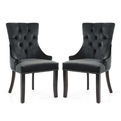 Chester Black Velvet Dining Chairs In Pair With Black Rubber Wood Legs