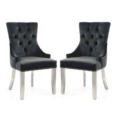 Chester Black Velvet Dining Chairs In Pair With Polished Stainless Steel Legs