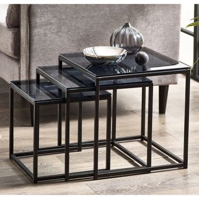 Chicago Smoked Glass Nest Of 3 Tables With Black Frame