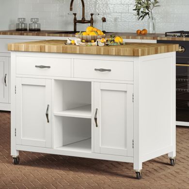 Kora Wooden Kitchen Island With Butchers Block In White