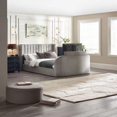 Clara Velvet Side Lift Ottoman Double TV Bed In Light Grey