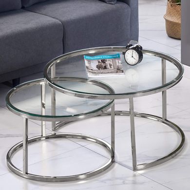 Avalon Clear Glass Set Of 2 Coffee Tables With Silver Base