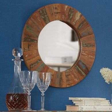 Coastal Large Round Wall Mirror In Reclaimed Wood Wooden Frame