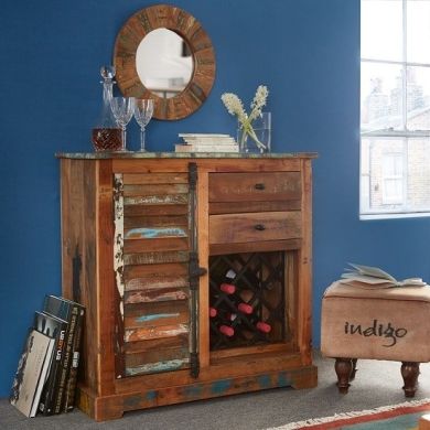 Coastal Wooden Sideboard In Reclaimed Wood And Wine Rack