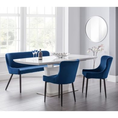 Como Extending Dining Set In White Gloss With Luxe Bench And 2 Blue Chairs