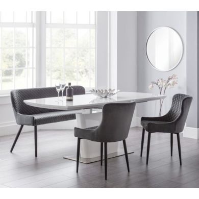 Como Extending Dining Set In White Gloss With Luxe Bench And 2 Grey Chairs