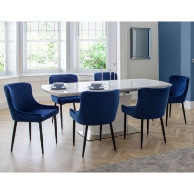Como Extending White Gloss Dining Table With 6 Luxe Blue Chairs