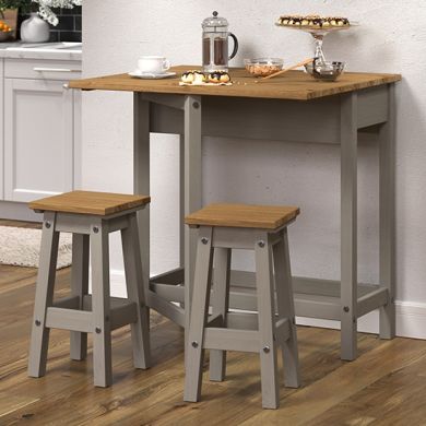 Corona Breakfast Wooden Drop Leaf Dining Set With 2 Stools In Grey