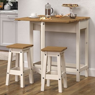Corona Breakfast Wooden Drop Leaf Dining Set With 2 Stools In White