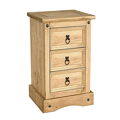 Corona Wooden Bedside Cabinet In Distressed Pine With 3 Drawers