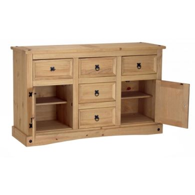 Corona Wooden Sideboard In Distressed Pine With 2 Doors And 5 Drawers