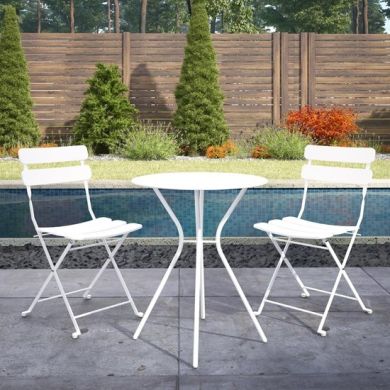 Cosco Outdoor Metal Fixed Bistro Set With 2 Folding Chairs In White