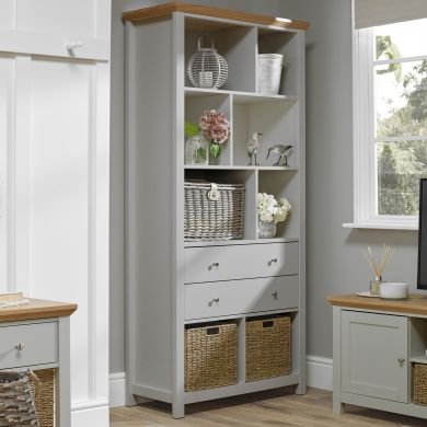 Cotswold Wooden Bookcase In Grey And Oak With 2 Drawers