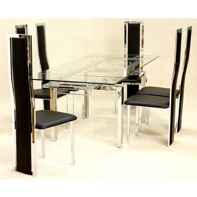 Crystal Extending Clear Glass Dining Set With 6 Trinity Chairs
