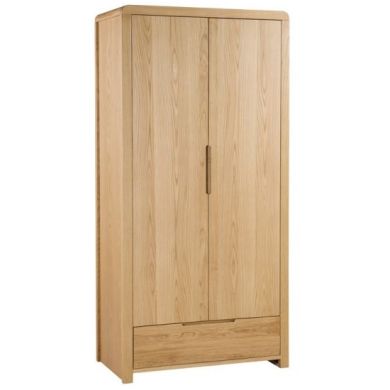 Curve Wooden 2 Doors 1 Drawer Wardrobe In Waxed Oak