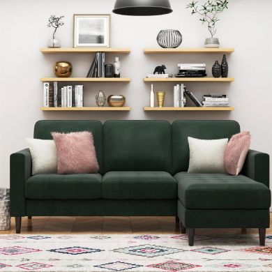 Strummer Velvet Reversible Corner Sofa In Green With Black Legs