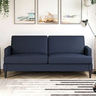 Asher Linen Fabric 3 Seater Sofa In Blue With Black Legs
