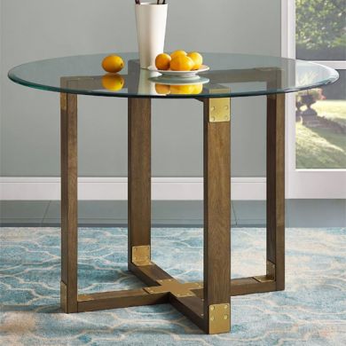 Bronx Clear Glass Dining Table With Rustic Oak Wooden X-Base