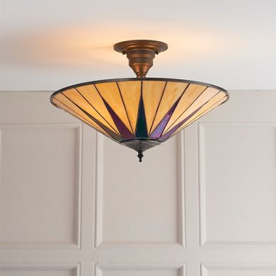 Dark Star Large Tiffany Glass 3 Lights Semi Flush Ceiling Light In Dark Bronze