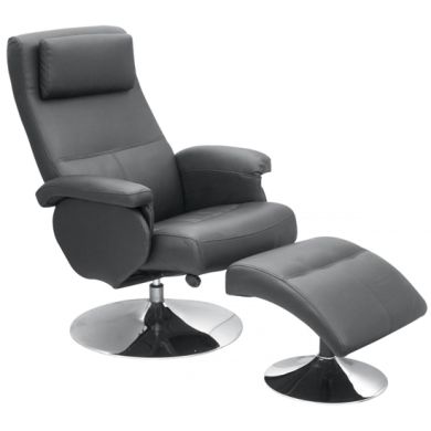 Denton PU Leather Recliner With Footstool In Black With Metal Base