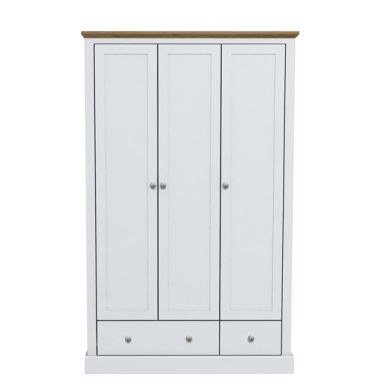 Devon Wooden Wardrobe In White With 3 Doors And 2 Drawers
