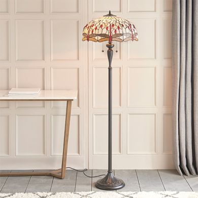 Dragonfly Beige Tiffany Glass Floor Lamp In Dark Bronze