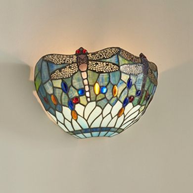Dragonfly Blue Tiffany Glass Wall Light In Matt Black