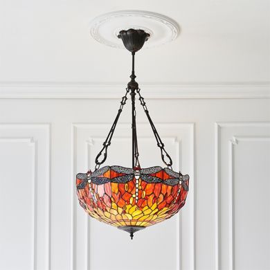Dragonfly Large Inverted Flame Tiffany Glass 3 Lights Ceiling Pendant Light In Dark Bronze