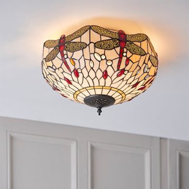 Dragonfly Medium Beige Tiffany Glass 2 Lights Flush Ceiling Light In Dark Bronze