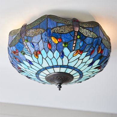 Dragonfly Medium Blue 2 Lights Flush Ceiling Light In Tiffany Glass