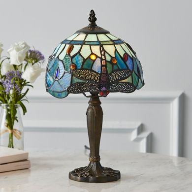 Dragonfly Mini Blue Tiffany Glass Table Lamp In Dark Bronze