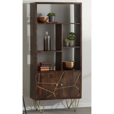 Dreka Large Wooden 2 Doors Bookcase In Dark Gold