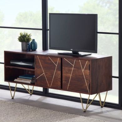 Dreka Wooden 2 Doors And 1 Shelf TV Stand In Dark Gold