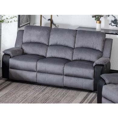 Earlsden Grey Fabric And Black PU Recliner 3 Seater Sofa