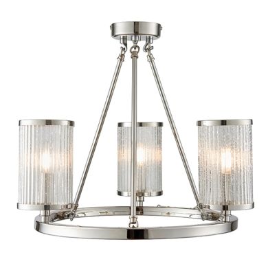 Easton 3 Lights Clear Ribbed Glass Semi Flush Ceiling Light In Bright Nickel