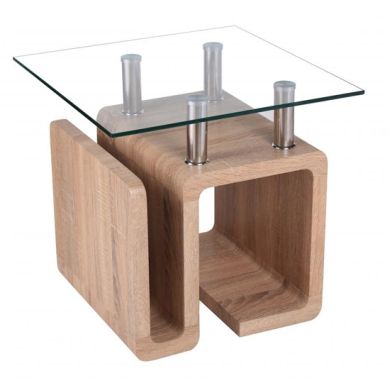 Edith Clear Glass Lamp Table With Natural Wooden Base