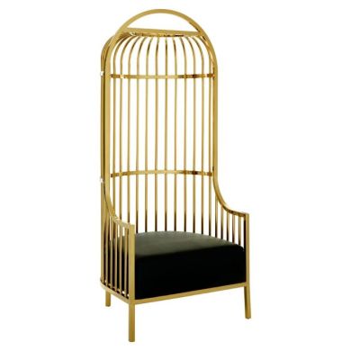 Eliza Stainelss Steel Dome Cage Chair In Gold With Black Faux Leather Seat