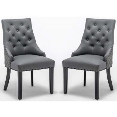 Elizabeth Round Knocker Grey Faux Leather Dining Chairs In Pair