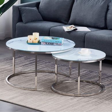 Avalon Glass Set Of 2 Coffee Tables In White Marble Effect