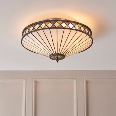 Fargo Medium 2 Lights Tiffany Glass Flush Ceiling Light In Dark Bronze