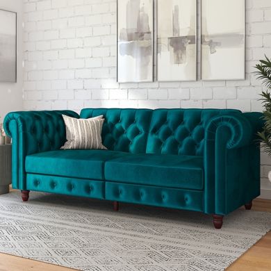 Felix Chesterfield Velvet Upholstered Sofa Bed In Green