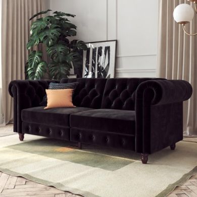 Felix Chesterfield Velvet Upholstered Sofa Bed In Black