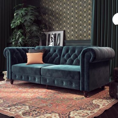 Felix Chesterfield Velvet Upholstered Sofa Bed In Blue