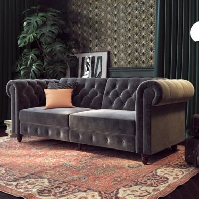 Felix Chesterfield Velvet Upholstered Sofa Bed In Grey