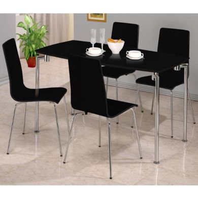 Fiji Rectangular Wooden Dining Set In Black High Gloss With 4 Chairs