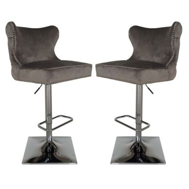 Florence Dark Grey Velvet Upholstered Bar Chairs In Pair