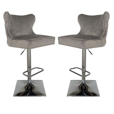 Florence Light Grey Velvet Upholstered Bar Chairs In Pair