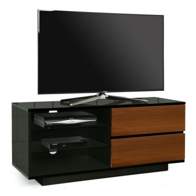 Gallus Wooden TV Stand In Black High Gloss With 2 Walnut Drawers