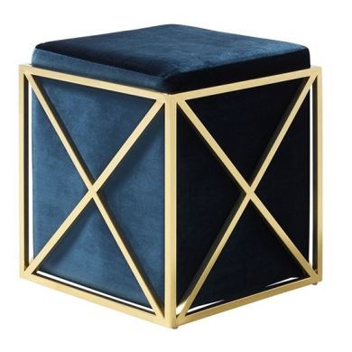 Georgia Velvet Upholstered Accent Stool In Blue With Gold Frame